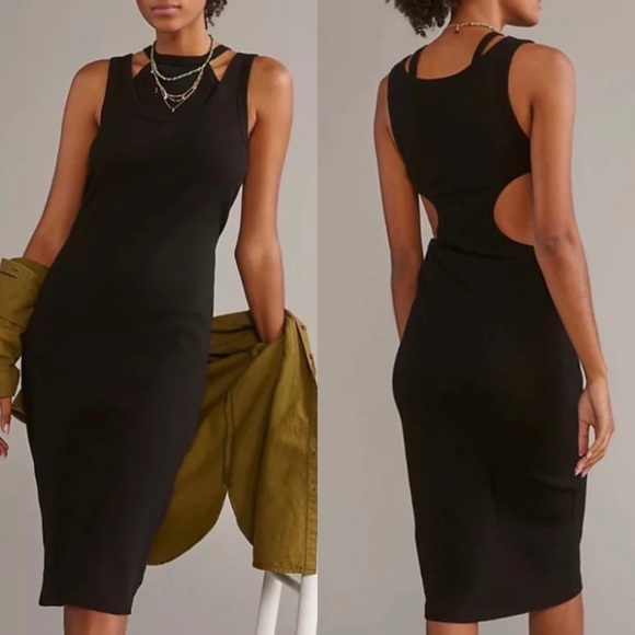 NWT Anthropologie T.La Layered Ribbed Cutout Tank Dress in Black - Picture 1 of 8